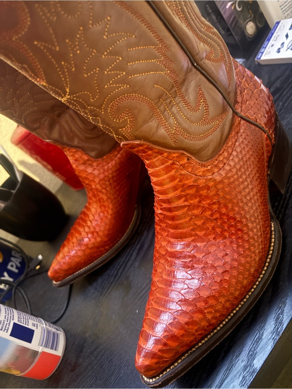 Women’s Orange Snakeskin Leather Western Heeled Boots